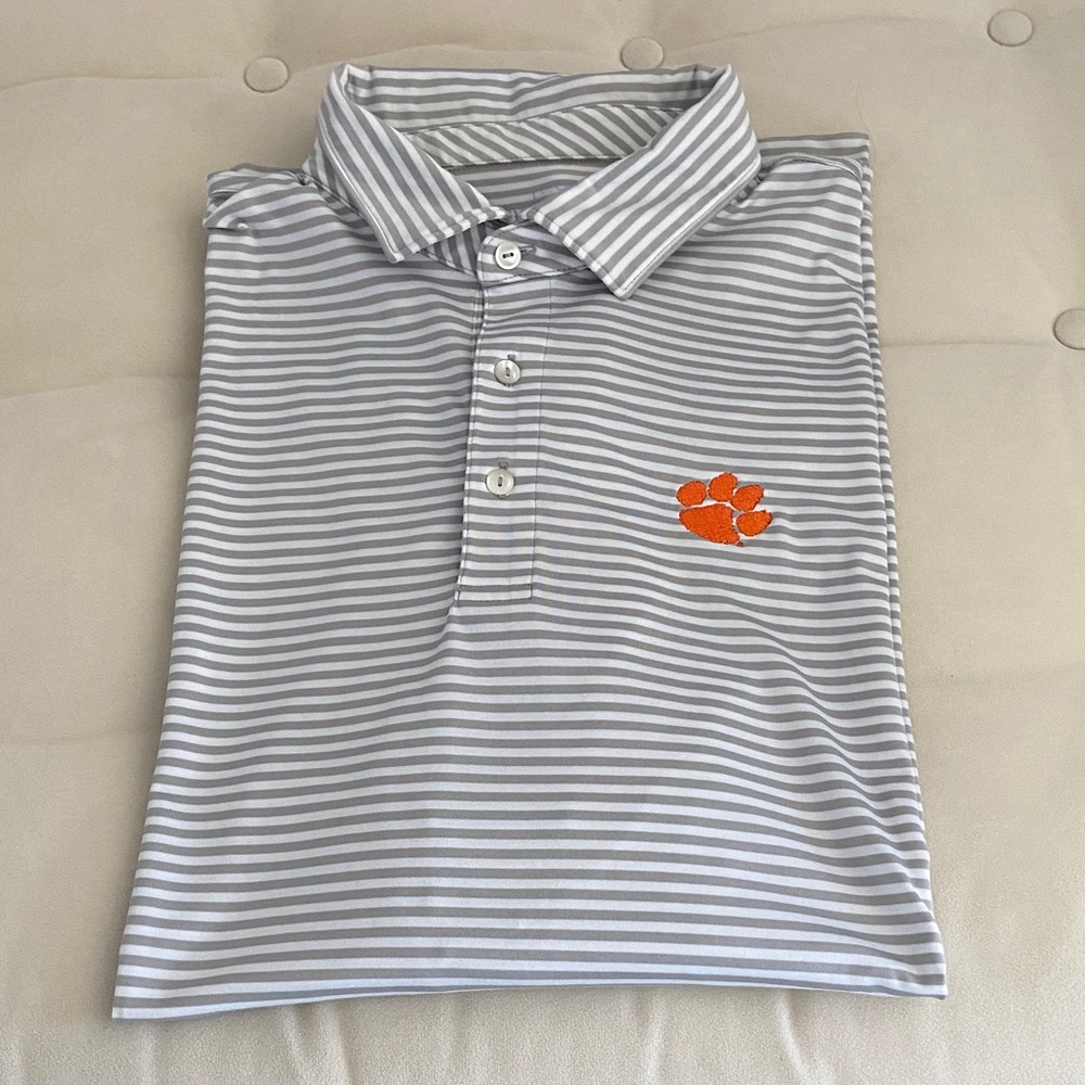 Vineyard Vines Gray & White Striped Polo with  Clemson Orange Logo